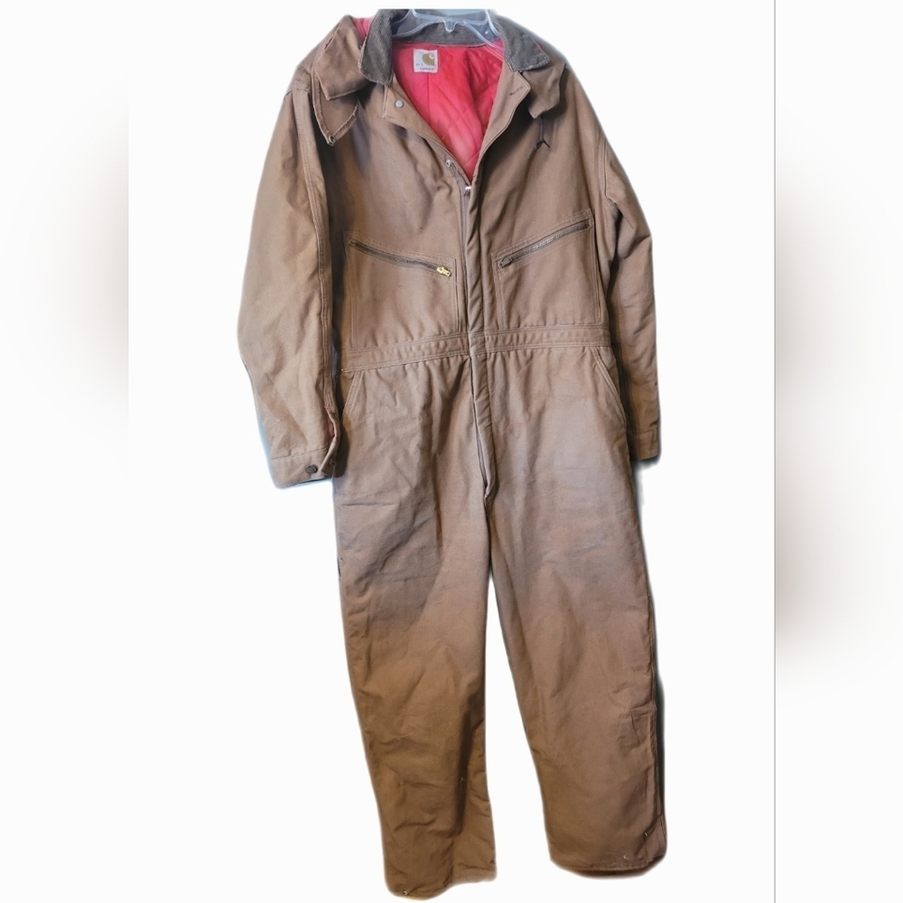 Vintage Carhartt Coveralls Chore Work Red Quilted Hood Overalls Gorpcore